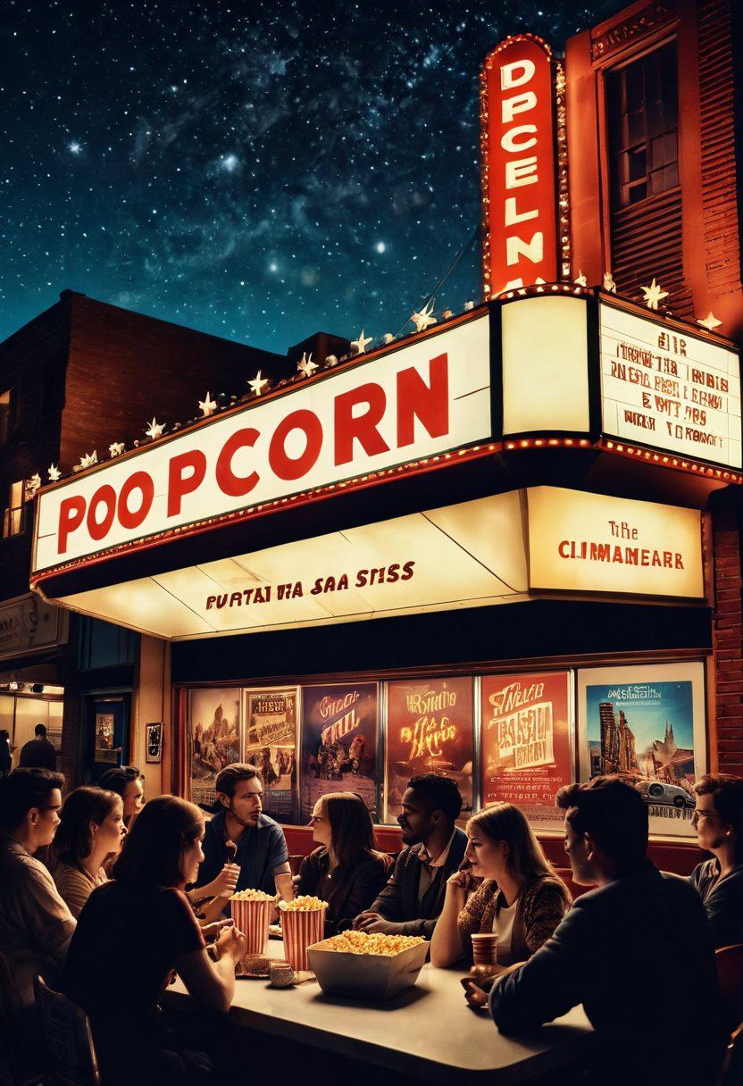 A vintage cinema marquee glowing under a starry sky, showcasing both popular and indie film titles. In the foreground, a diverse group of film enthusiasts animatedly discussing over popcorn, surrounded by posters of classic and contemporary movies. The backdrop features a cinematic skyline with film reels and a vintage camera. Capture the essence of community and passion for cinema. super-realistic. vibrant colors. cinematic atmosphere.