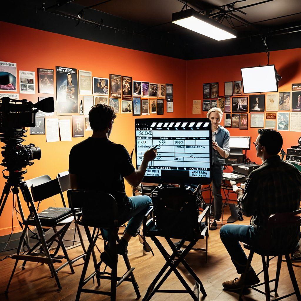 A cinematic film set bustling with crew members adjusting lights, cameras, and sound equipment, while a director discusses a scene with actors. In the foreground, a clapperboard is open, showcasing the film title. The background features a colorful array of film posters and a director's chair, giving an insider's peek into filmmaking. warm lighting, dynamic composition. vibrant colors. super-realistic.